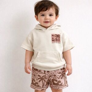 Grayson Mini Cream ‘Enjoy The Beach’ Graphic Hoodie T-shirt And Shorts Set 2T